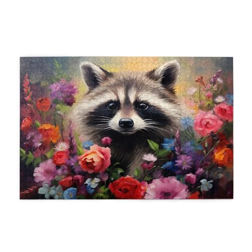 Puzzle 500 Teile Waschbär Puzzle Blume DIY Kreative Holz Jigsaws für Erwachsene mit Geschenkbox Verpackung, Impossible Herausfordernde Familie Aktivität Spiele, Deko Wohnzimmer Geschenke 52x38cm E-923 von Wehsaeho