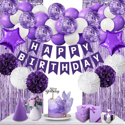 Violett Geburtstags Party Deko Set, Happy Birthday Luftballon Girlande Lila Ballons 6 Papier Pompoms Geburtstagsdeko Mädchen von WeiRenLuan