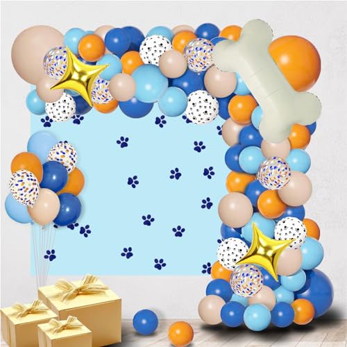 Luftballon Girlande Orange und Blau, Hund Thema Geburtstag Deko mit Pfote und Konfetti Luftballons, Pfote Gedruckt Knochen Folienballon für Party Deko von WeiRenLuan
