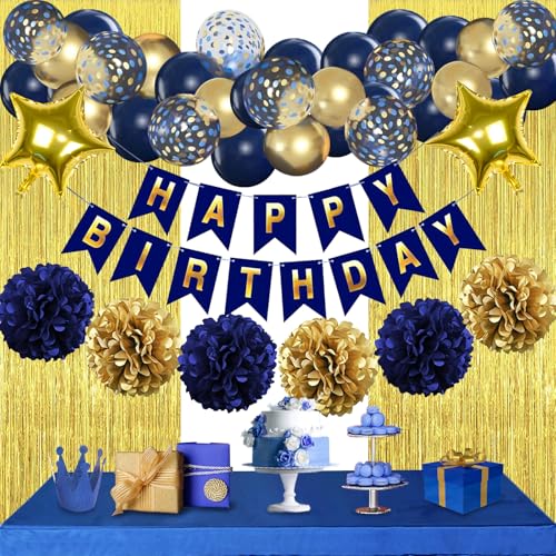 Geburtstagsdeko, Marineblau Gold Geburtstag Partydekoration für Männer Happy Birthday Banner mit Papier Pompons Wimpel Folienballon Geburtstag für Mädchen Junge Frauen Geburtstagsdeko, Marineblau Gold Geburtstag Partydekoration für Männer Happy Birthday Banner mit Papier Pompons Wimpel Folienballon Geburtstag für Mädchen Junge Frauen von WeiRenLuan