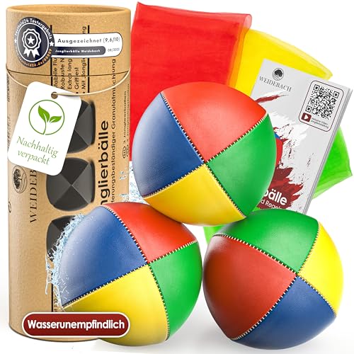 Weidebach® 3X Qualitäts Jonglierbälle + 3 Tücher, Ø 67 mm Jonglierbälle Anfänger, 130g schwer, wasserunempfindlich, Juggling Balls inkl. Anleitung, Jonglierbälle Profi, Jonglierball, Jonglieren Set von Weidebach