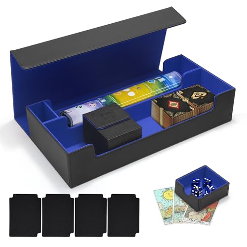 Deck Box Magnetic für 600+ MTG Karten, Hohe Kapazität Card Deck Case für 5 kleinen Kartendeck-Hülle, Sammelkarten Aufbewahrungsbox Inklusive 4 Premium Kartentrenner und Würfel Fach(Schwarz Blau) von Weigudoc