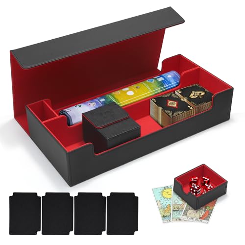 Deck Box Magnetic für 600+ MTG Karten, Hohe Kapazität Card Deck Case für 5 kleinen Kartendeck-Hülle, Sammelkarten Aufbewahrungsbox Inklusive 4 Premium Kartentrenner und Würfel Fach(Schwarz Rot) von Weigudoc