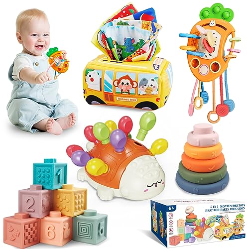 Baby Spielzeug für 6 bis 12 Monate, Montessori Spielzeug für Babys, 5 in 1 Feinmotorik Sensorisches Spielzeug, Stapelspielzeug Blöcken und Ringen, Zugschnur Spielzeug, Tissue Box für Baby 12–18 Monate von Weilim