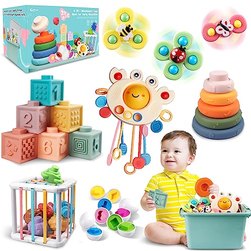 Baby Spielzeug für 6 bis 12 Monate, Montessori Spielzeug für Babys, Sensorisches Baby Spielzeug, 6 in 1 Motorikspielzeug, Stapelspielzeug Blöcken und Ringen, passende Eier, Saugnapf-Kreiselspielzeug von Weilim