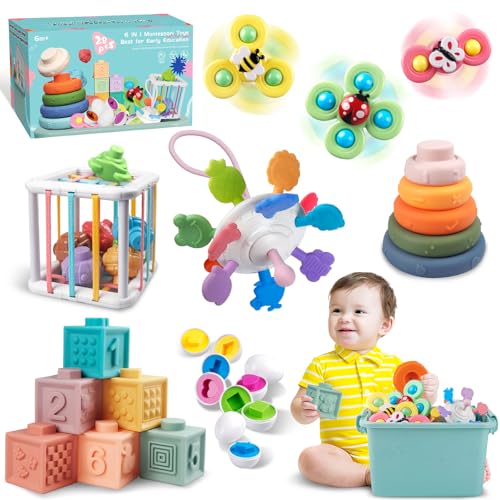 Baby Spielzeug für 6 bis 12 Monate, Montessori Spielzeug für Babys, Sensorisches Baby Spielzeug, 6 in 1 Motorikspielzeug, Stapelspielzeug Blöcken und Ringen, passende Eier, Saugnapf-Kreiselspielzeug von Weilim