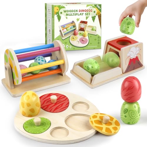 Montessori Holzspielzeug Baby Dinosaurier Ei Spielset ab 6 Monaten, Stapelt und Greifpuzzle, Spinning Drum, Permanenzbox, Frühes Lernspielzeug für Kleinkinder 1 2 3 Jahre (er) von Weilim
