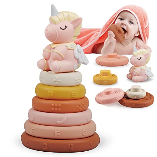 Stapelspielzeug mit Ringen 7 Stück, Montessori Spielzeug für Babys Squeeze Stacker & Beißspielzeug, Weiche Bauringe mit Rosa E von Weilim