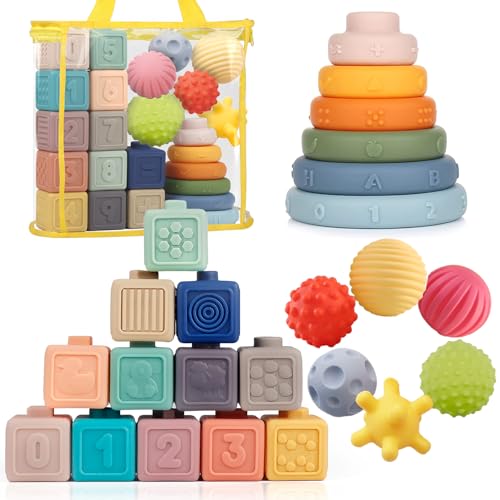Weilim Baby Spielzeug für 6 bis 12 Monate, Montessori Spielzeug für Babys, Sensorisches Baby Spielzeug, 6 in 1 Motorikspielzeug, Stapelspielzeug Blöcken und Ringen, passende Eier (mj) von Weilim