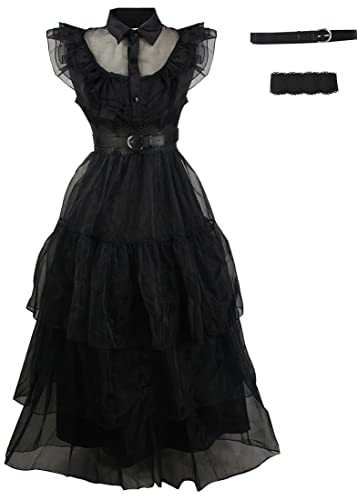 Damen Mittwoch Addams Kleid Kostüm Mädchen Mittwoch Addams Familie Cosplay Tanz Kleid Uniform Halloween Party Outfit (Schwarz/Damen, 3XL) von Weinaze