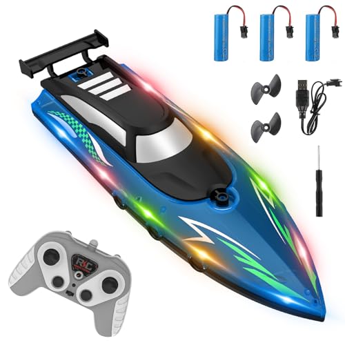 Ferngesteuertes Boot mit LED-Licht, 2,4-GHz Rennboote mit 3 Batterien, Hohegeschwindigkeit RC Wasserdichtes Boot, 15km/H Speedboot, Rennboot Geeignet für Kinder, Erwachsene, Seen, Poolspielzeug (blau) von Weinsamkeit