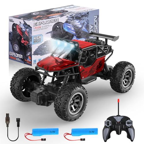 Weinsamkeit 1:20 Ferngesteuertes Auto, Offroad für Junge Draußen mit 2-Akku, 2,4 GHz RC 20 km/h All Terrains Offroad Elektro Fahrzeug mit LED-Scheinwerfer, für Kinder und Erwachsene (Rot) von Weinsamkeit