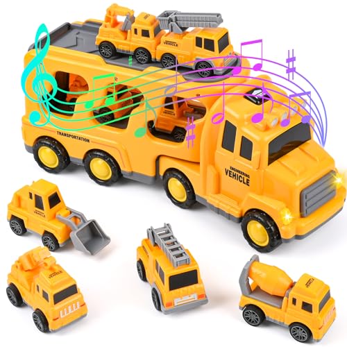 Weinsamkeit LKW Spielzeug Auto für Kleinkinder, 7-in-1 BAU LKW Spielzeug Set Autotransporter Spielzeug mit Sound und Licht, Bagger, Bulldozer, Kran und Mixer, Geschenke für Jungen Mädchen 2–7 Jahren von Weinsamkeit