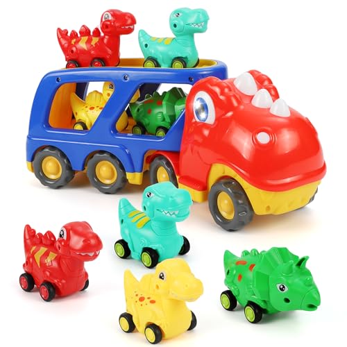 Weinsamkeit Dinosaurier LKW Spielzeug mit Brüllen Sound, 5 in 1 T-Rex Autotransporter Dinosaurier Spielzeug ab 3 4 5 Jahre, Dino Spielzeugautos Geschenke für Kinder Kleinkinder Mädchen Junge (Rot) von Weinsamkeit