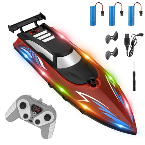 Ferngesteuertes Boot mit LED-Licht, 2,4-GHz Rennboote mit 3 Batterien, Hohegeschwindigkeit RC Wasserdichtes Boot, 15km/H Speedboot, Rennboot Geeignet für Kinder, Erwachsene, Seen, Poolspielzeug (rot) von Weinsamkeit
