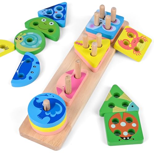 Weinsamkeit Montessori Spielzeug ab 1 2 3 Jahre, Sortier und Stapelspielzeug aus Holz für Kleinkinder, Stapelspielzeug Farben Formen, Pädagogisches sensorisches Spielzeug,Farberkennun von Weinsamkeit