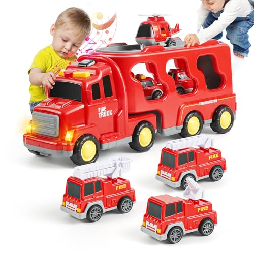 Weinsamkeit Spielzeug Auto ab 2 Jahren Feuerwehrauto Spielzeug für Kleinkinder 7 in 1 Kinder Transporter LKW Spielzeug mit Licht und Musik Weihnachten Geburtstagsgeschenke für Jungen Mädchen 2-5 Jahre von Weinsamkeit