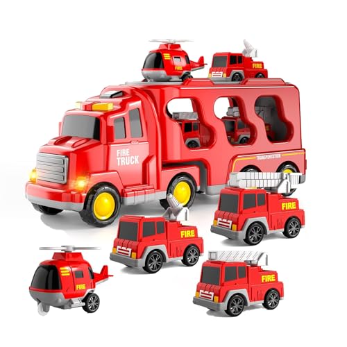 Feuerwehrauto Spielzeug 5 In 1,Autotransporter Spielzeug,Hubschrauber Spielzeug Kinder,FüR 3 4 5 6 Jahre Alte Jungen MäDchen,Mit GeräUschen Und Lichtern,Mit 4-Miniautos,Junge 2 Jahre Geschenkideen von Weiongppy