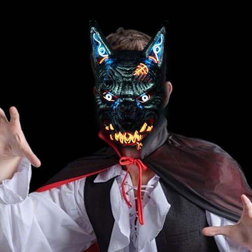 Weiongppy Halloween Wolfman LED-Maske Horror Maske mit 3 Beleuchtungsmodi Leuchtende Neon LED Maske für Halloween Karneval & Partys Cosplay von Weiongppy