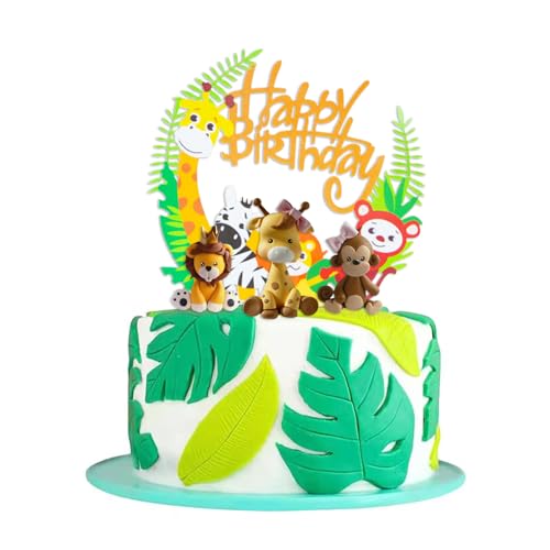 Tortendeko 1. Geburtstag, 4 Stück Tortendeko Wald Tiere Happy Birthday Kuchendeko Tiere Tortendeko Waldtiere Giraffe Löwen Affen Figuren Tortendeko Dschungel, für Kinder Junge Mädchen von Wekuw