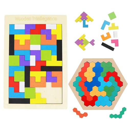 Wekuw 2 Stücke Tetris Puzzle, Montessori Spielzeug ab 3 Jahre, Hexagon Holzpuzzle für Kinder, smart Games, Tangram Kinder Puzzle, Iq Spiele, Eine Herausforderung für alle Altersgruppen von Wekuw