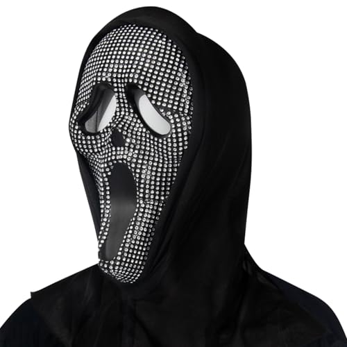 Wekuw Ghost Face Scream Maske Gruselige Schrei Maskes Ghostface Maske Scream Maskes für Erwachsene mit Strass und Glitzer Halloween Scary Movie, für Halloween, Kostüm Partys und Horror Events von Wekuw