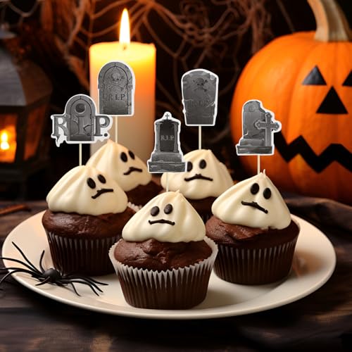 Wekuw Halloween Cupcake Topper, 36 Stück Grabstein Cupcake Toppers Muffin Deko Halloween Kuchen Deko Tortendeko Geburtstag Horror Deko Schwarz für Halloween Party von Wekuw