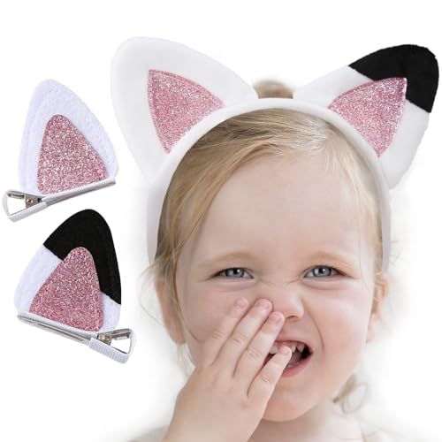 Wekuw Katzenohren Stirnband mit 1 Paar Katzenohren Haarnadel Katze Haarbänder Haarschmuck Niedlichen Plüsche Haar Clips für Mädchen Damen Kostüm Parteien Deko(Weiß Rosa) von Wekuw