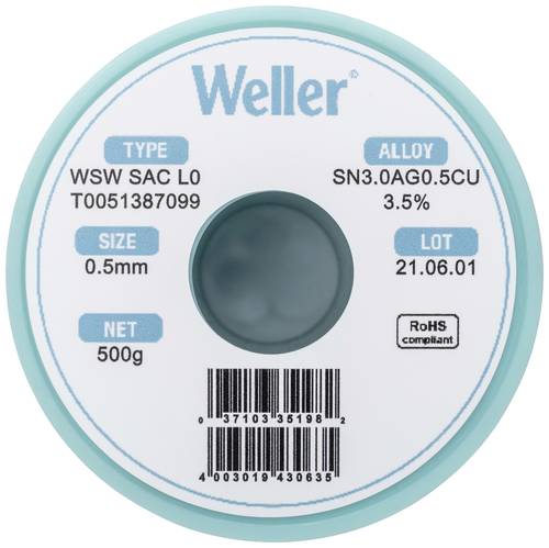 Weller WSW SAC L0 Lötzinn, bleifrei Spule Sn3,0Ag0,5Cu 500g 0.5mm von Weller
