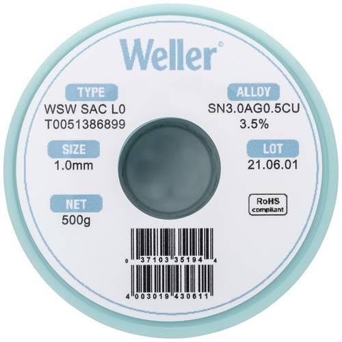 Weller WSW SAC L0 Lötzinn, bleifrei Spule Sn3,0Ag0,5Cu 500g 1mm von Weller