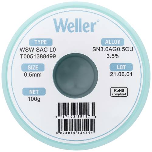 Weller WSW SAC L0 Lötzinn, bleifrei Spule Sn3,0Ag0,5Cu 100g 0.5mm von Weller
