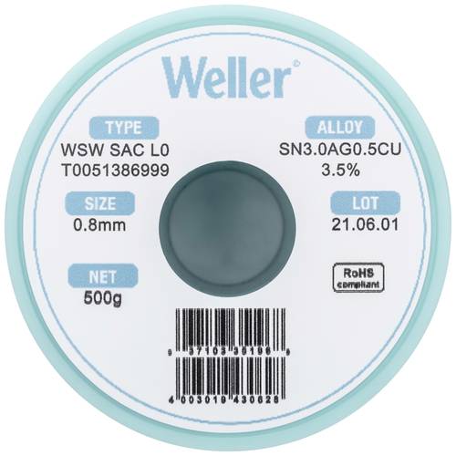 Weller WSW SAC L0 Lötzinn, bleifrei Spule Sn3,0Ag0,5Cu 500g 0.8mm von Weller