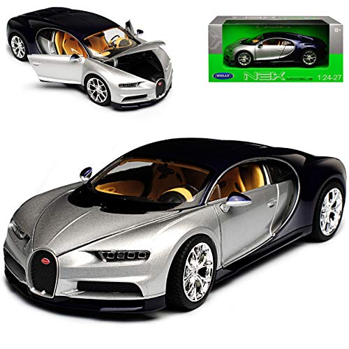 Welly Bugatti Chiron Coupe Silber mit Schwarz Ab 2016 1/24 Modell Auto von Welly
