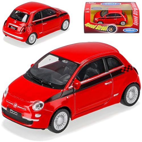 Welly FIAT 500 Neu Nuova Ab 2007 Rot Mit Schwarzen Streifen 1/43 Modellauto Modell Auto von Welly