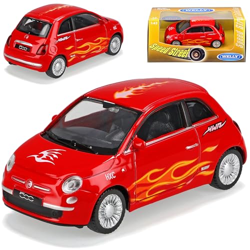 Welly FIAT 500 Neu Nuova Ab 2007 Rot mit Flammen Mit Aufkleber 1/43 Modellauto Modell Auto von Welly