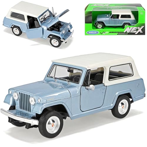 Welly Jeep Jeepster Commando Silber Blau mit Soft Top Dach 1967 1/24 Modell Auto mit individiuellem Wunschkennzeichen von Welly