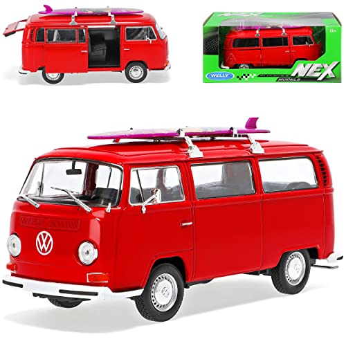 Welly Volkwagen T2 Rot Bus mit Surfbrett Transporter 1967-1979 1/24 Modell Auto von Welly
