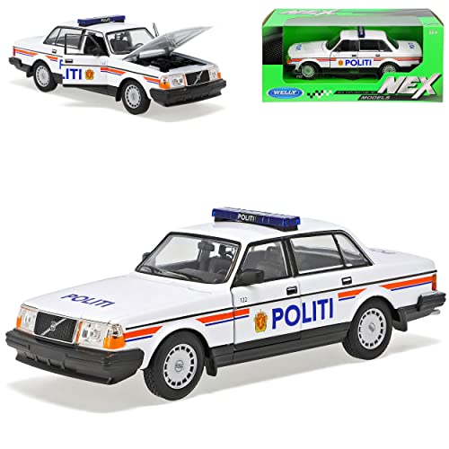 Welly Volvo 240 GL Limousine Weiss Orange Blau Polizei Norwegen Politi 1974-1993 1/24 Modell Auto mit individiuellem Wunschkennzeichen von Welly