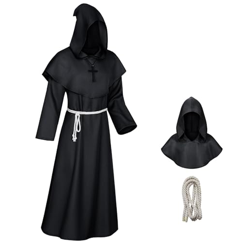 WenYa Mönchskostüm-Set für Erwachsene, komplettes mittelalterliches Priestergewand mit abnehmbarer Kapuze, verstellbarem Seilgürtel und Holzkreuz-Halskette für Halloween, Cosplay und von WenYa