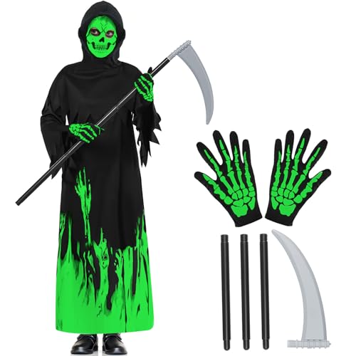 WenYa Sensenmann Halloween-Kostüm mit Sensenmann-Sense im Dunkeln, leuchtet im Dunkeln, Halloween-Kostüm für Kinder, Cosplay-Party (160 cm) von WenYa