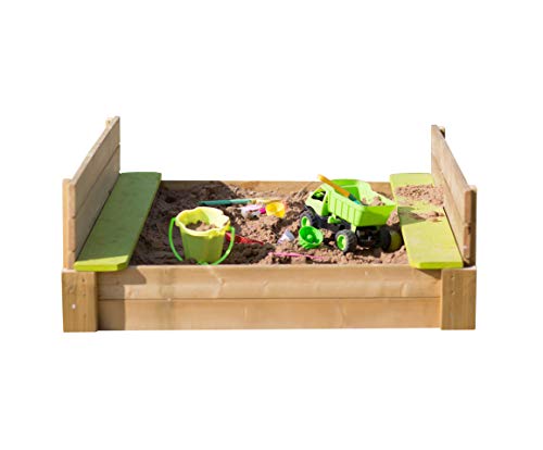 WENDI TOYS Sandkasten mit Bänken und Deckel, Sandkasten für Kinder, 120 x 120 cm, mit Bänken, Farbe Grün von Wendi Toys
