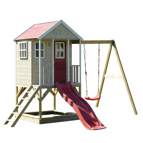 Wendi Toys M10R Kinder Gartenhaus mit Rutsche & Schaukel, 290 x 350 x 242 cm, FSC-zertifiziertes Holz, Rot – Stelzenhaus mit Sandkasten, wetterfestes Kinderspielhaus für den Garten von Wendi Toys