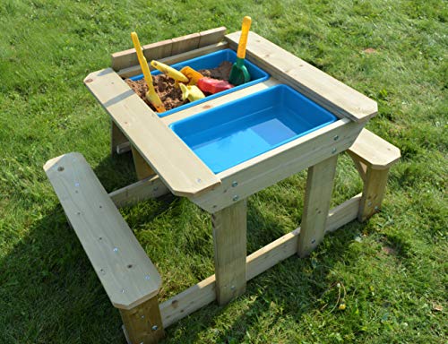 Wendi Toys T3 Kinder Spieltisch Holz | Matschtisch für drinnen und draußen | Kindertisch mit Stühle Abnehmbarer Tischplatte und 2 Kunststoff Wannen | Outdoor Spiele für Kinder von Wendi Toys
