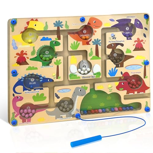 Magnetspiel Labyrinth für 2+ Jahre alt, Montessori Spielzeug Farbe Sortierspiel und Zahlenlabyrinth 2 In 1, Spiel Holz Lernspielzeug Geschenk Kinder Jungen Mädchen ab 3 4 5 Dinosaurier von Wenosda