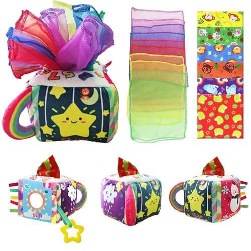 Montessori Sensorisches Tücherbox Spielzeug für Babys 6-12 Monate Baby Tissue Box mit Knistereffekt & Bunten Schals Motorikspielzeug Geschenk zu Geburtstag Weihnachten für Jungen Mädchen von Wenosda