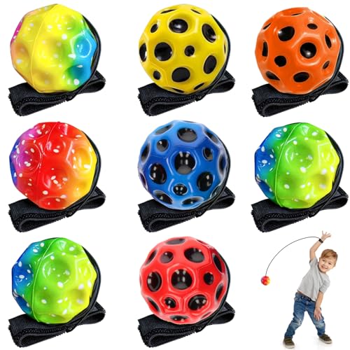 Wenosda Jump Ball Mit Seil - 8 Stück Moon Ball Mit Schnur, Super Hoch Springender Kinderspielzeug Gummihüpf - 4 Unifarben, 4 Zufällige Schillernde Farben von Wenosda