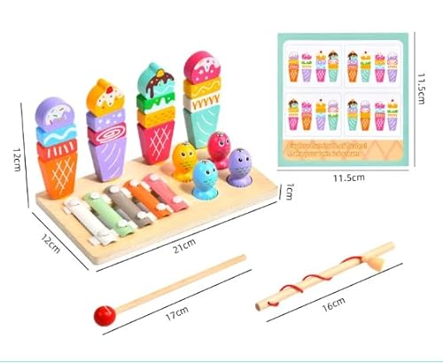 Wenosda Montessori Spielzeug ab 3 Jahr,3 in 1 Multifunktionale Holzspielzeug Magnetische Angelspiel Xylophon Spielzeug Motorikwürfel, Baby Lernspielzeug von Wenosda