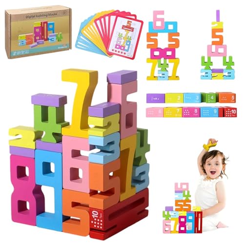 Zahlenbausteine, 20 Stück Number Blocks, Montessori Spielzeug ab 3 Jahre, Zahlen in unterschiedlichen Größen Holzbausteine Bauklötze, Bausteine Holz Zahlenerkennungs Stapelspiel für Jungen und Mädchen von Wenosda