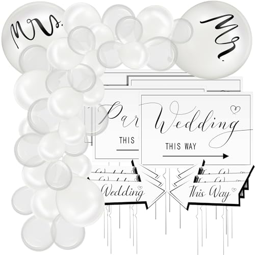 Wenqik Hochzeits-Zubehör, 10 Stück, "Wedding This Way", direktionale Parkschilder, 62 Stück, Hochzeitsballons, 2 Rollen, Ballonbänder, doppelseitig bedruckte Hochzeitsschilder mit Heringen für von Wenqik
