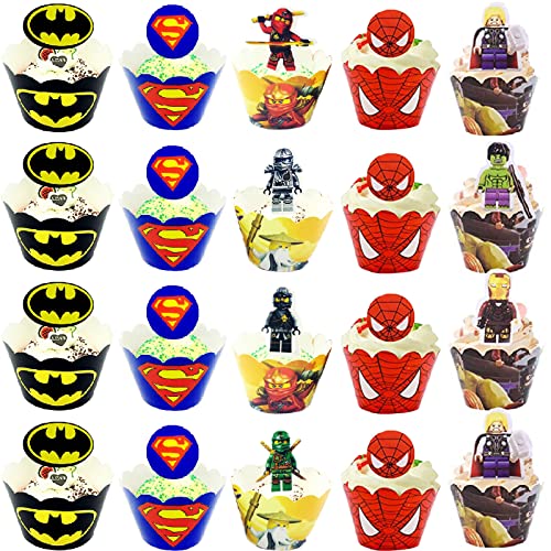 Weploda 120 Stück Superheld Cupcake Topper, Superheld Cupcake Verpackung Topper, Superhelden Geburtstagsdeko, Erfekt für Kindergeburtstage und Helden-Mottopartys von Weploda
